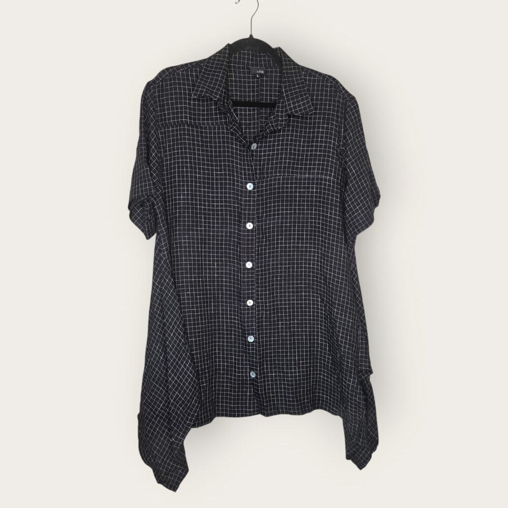 Lisa Bayne Black White Checked 100% Linen Tunic Short Sleeve Women's Large